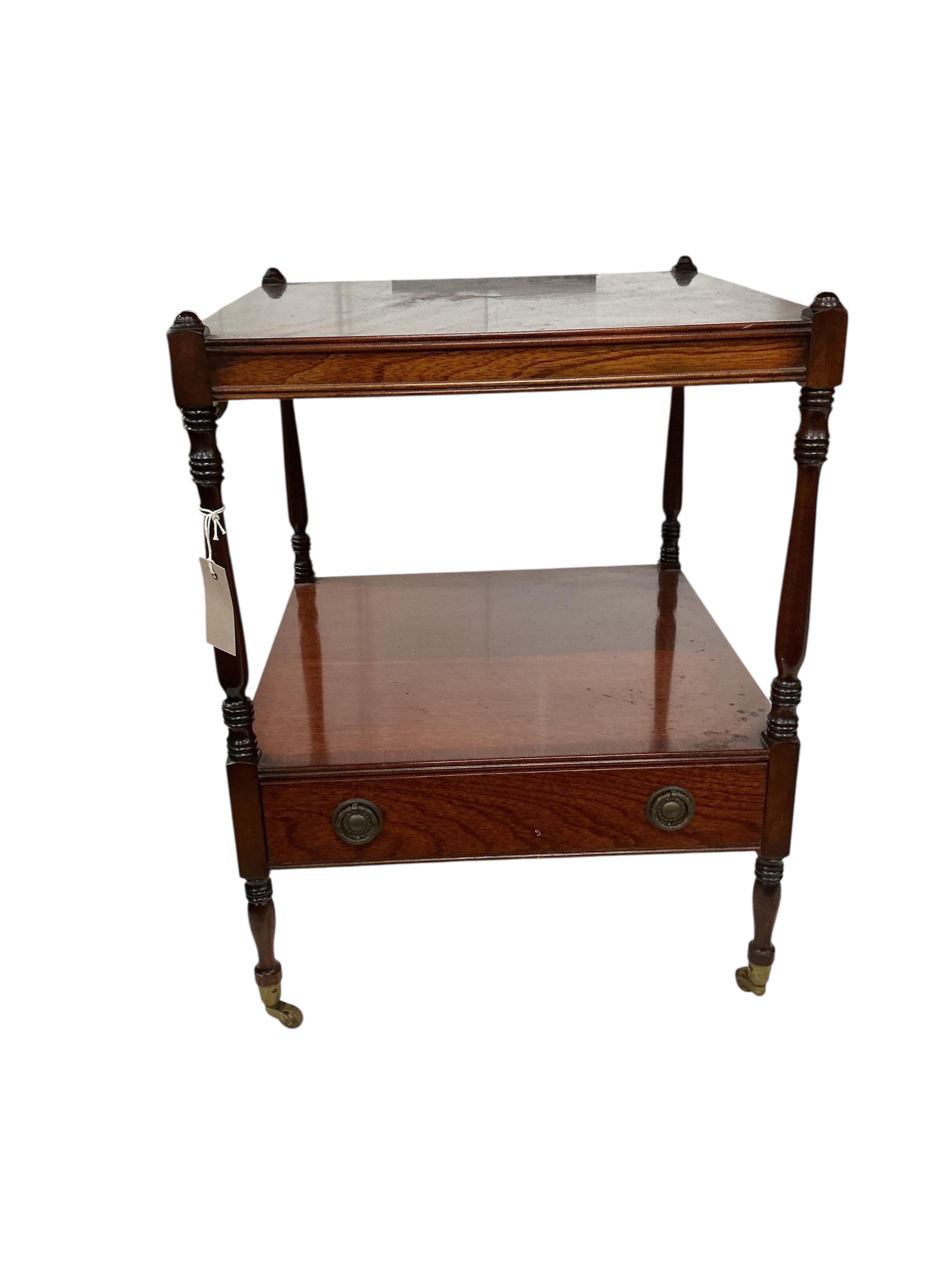 A pair of reproduction mahogany two tier tables, width 45cm, depth 46cm, height 59cm